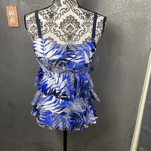 Island Waves Blue Tropical Leaf Tiered Bandini Swim Top | Women’s Small | NWT